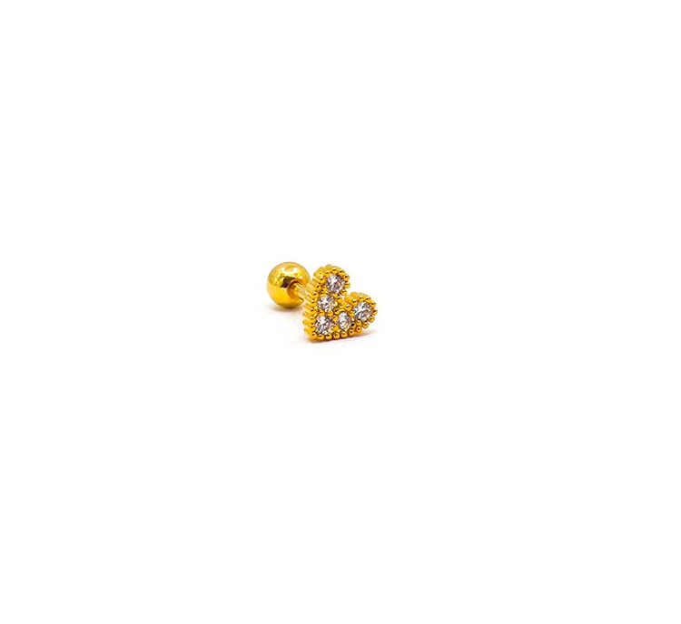 Mini elegant heart-shaped earring in gold color with rhinestones, showcasing its delicate design and craftsmanship.