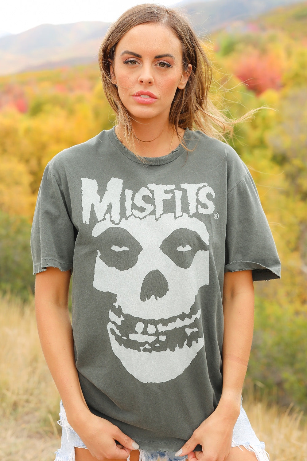 Misfits Distressed Sunkissed Tee in vintage wash black with distressed edges, showcasing a punk style and made from 100% organic cotton.