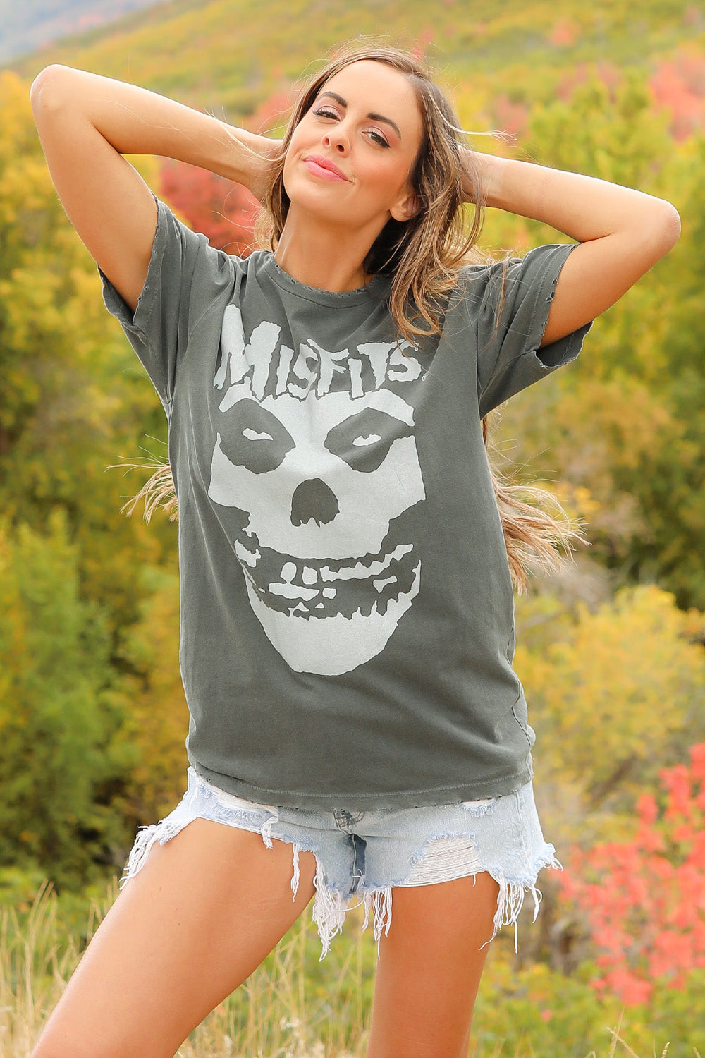 Misfits Distressed Sunkissed Tee in vintage wash black with distressed edges, showcasing a punk style and made from 100% organic cotton.