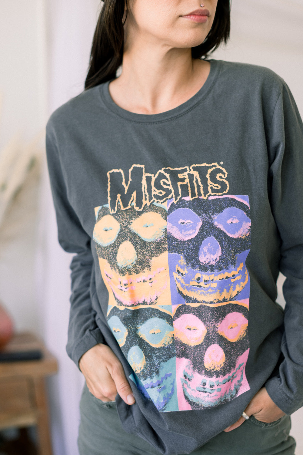 Misfits Hot Negative Rocker Long Sleeve in vintage black, showcasing its soft fabric and stylish design.