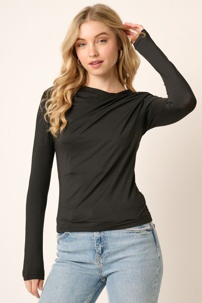 A stylish Mittoshop Ruched Long Sleeve Slim Top featuring ruched shoulder detailing, perfect for versatile outfits.