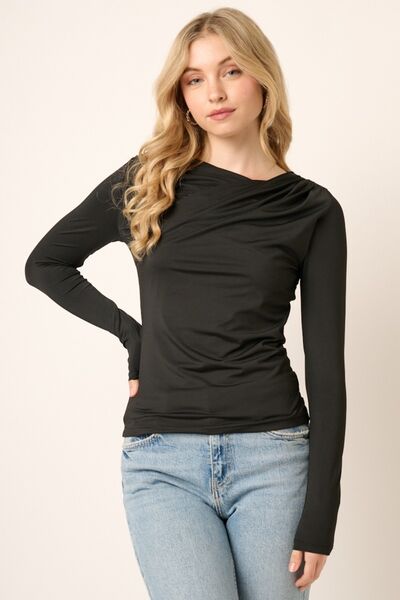 A stylish Mittoshop Ruched Long Sleeve Slim Top featuring ruched shoulder detailing, perfect for versatile outfits.