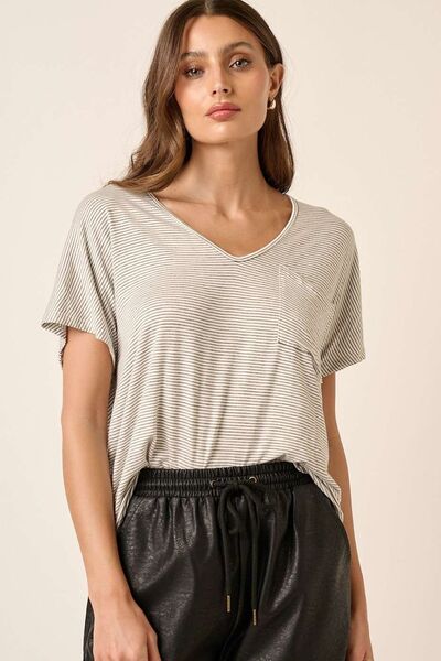 Mittoshop Striped V-Neck Short Sleeve T-Shirt featuring a trendy stripe pattern and flattering neckline, perfect for casual or dressy occasions.