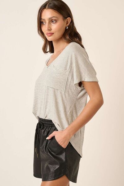 Mittoshop Striped V-Neck Short Sleeve T-Shirt featuring a trendy stripe pattern and flattering neckline, perfect for casual or dressy occasions.