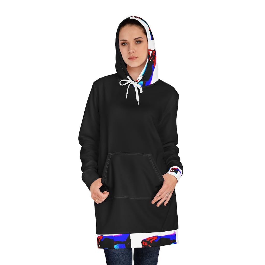 A stylish women's hoodie dress featuring a long hood and custom all-over-print design, perfect for cold weather.