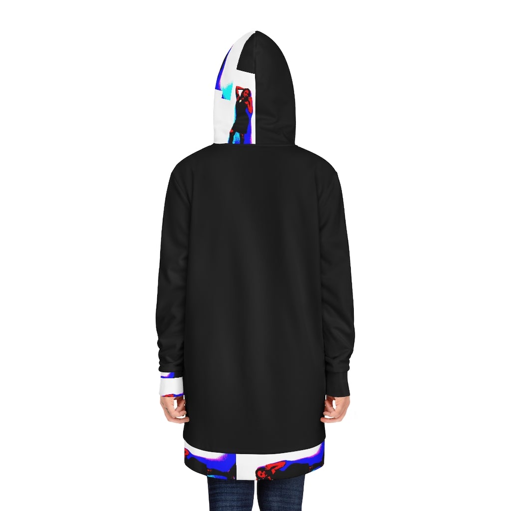 A stylish women's hoodie dress featuring a long hood and custom all-over-print design, perfect for cold weather.