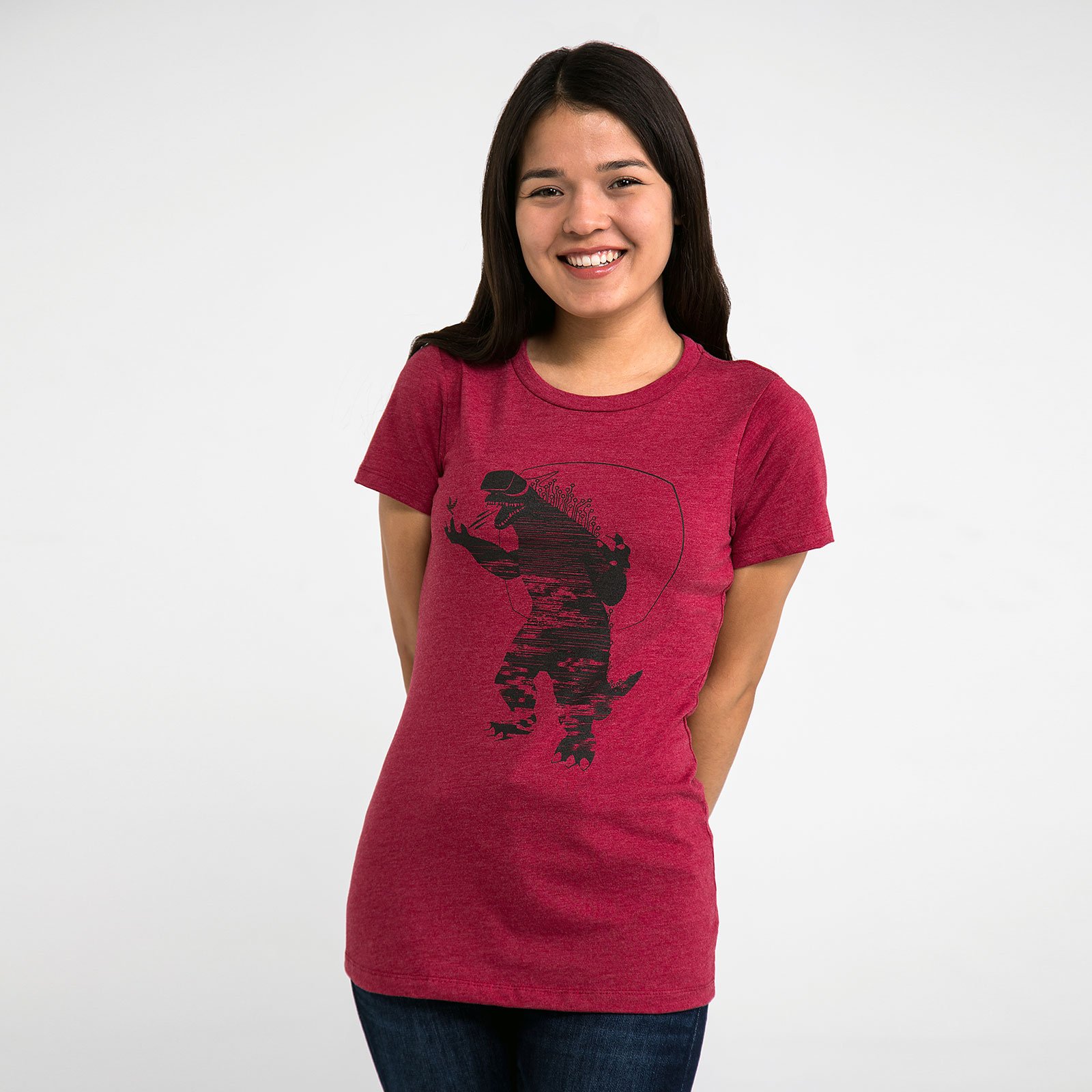 A stylish Mixed Reality Women's T-Shirt in heather cranberry red, featuring unique original illustrations and a fitted design.