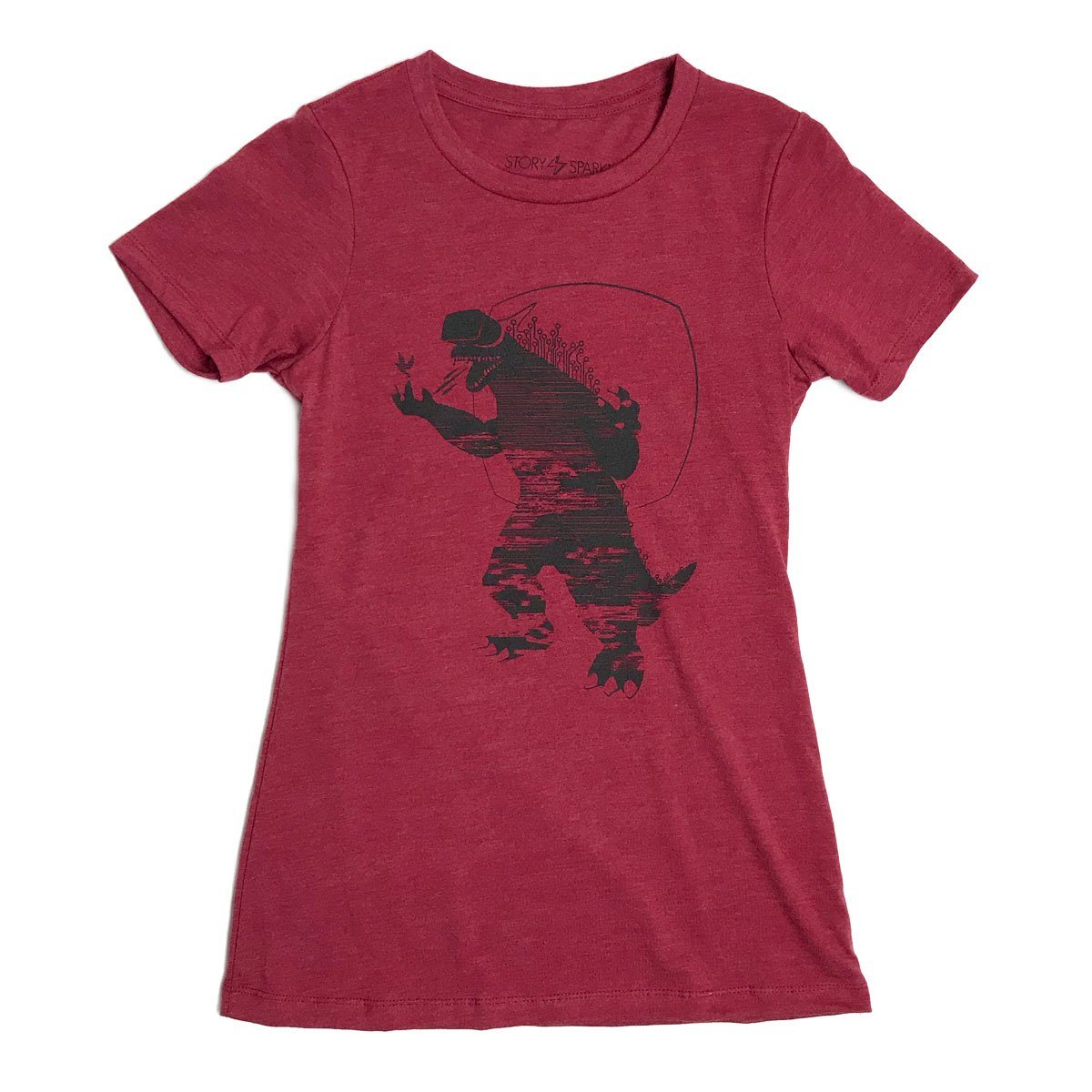 A stylish Mixed Reality Women's T-Shirt in heather cranberry red, featuring unique original illustrations and a fitted design.