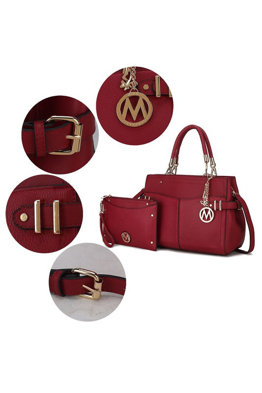 MKF Tenna Satchel bag with Wallet in vegan leather featuring gold tone embellishments and braided handles.