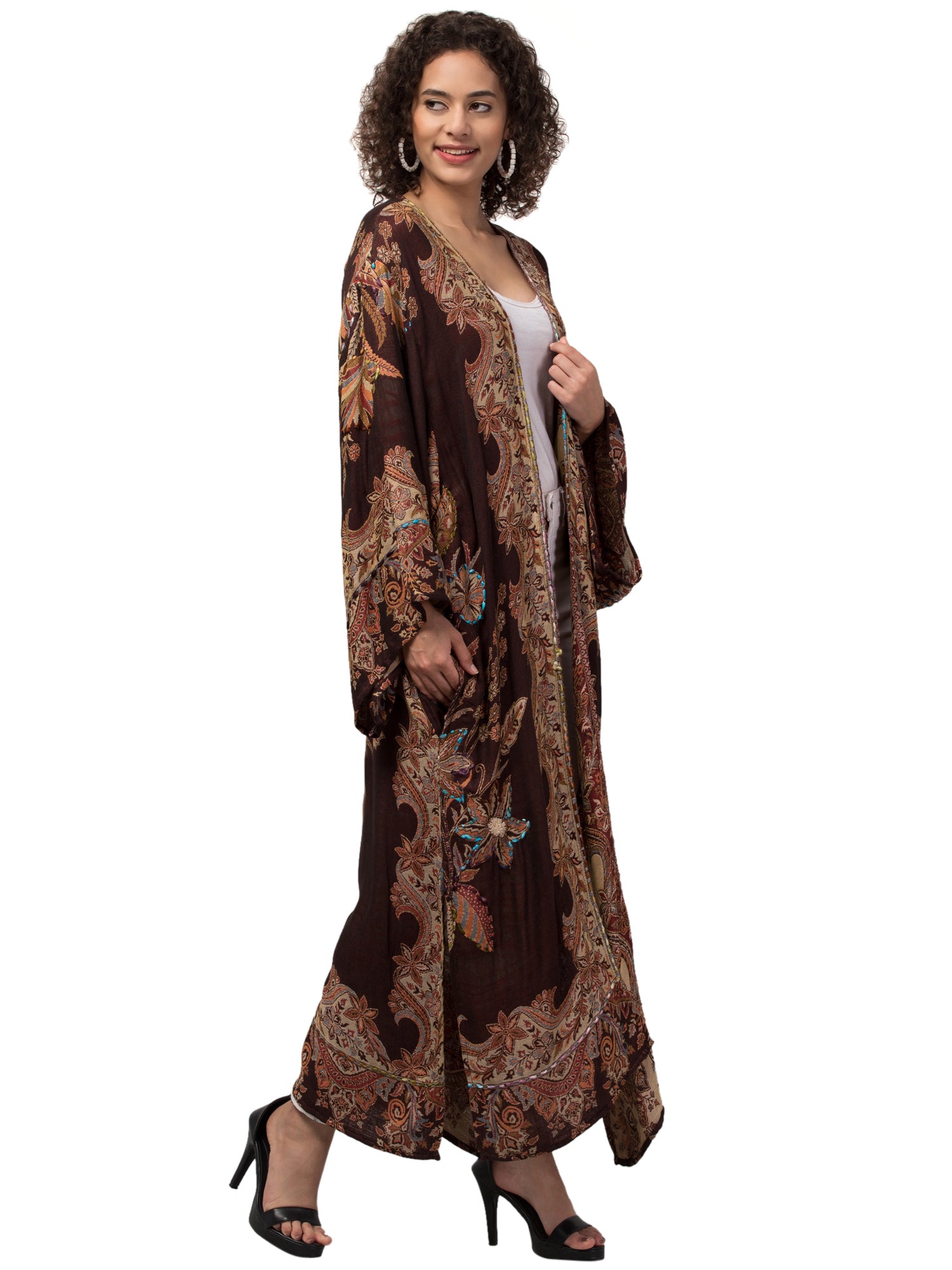 Mocha Equality Kimono Jacket featuring vibrant hand embroidery and thick-stitched fabric, showcasing bohemian elegance and Indian craftsmanship.