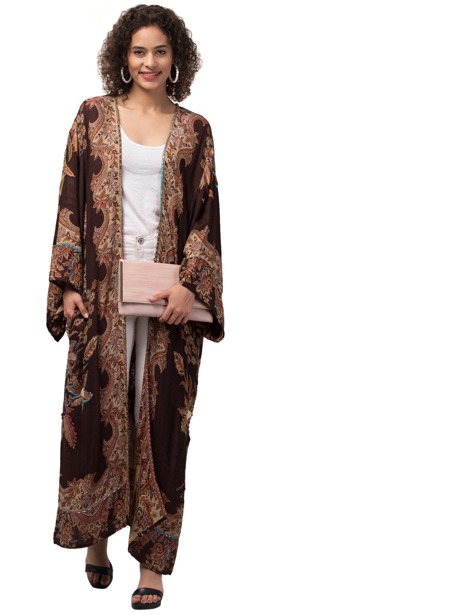 Mocha Equality Kimono Jacket featuring vibrant hand embroidery and thick-stitched fabric, showcasing bohemian elegance and Indian craftsmanship.