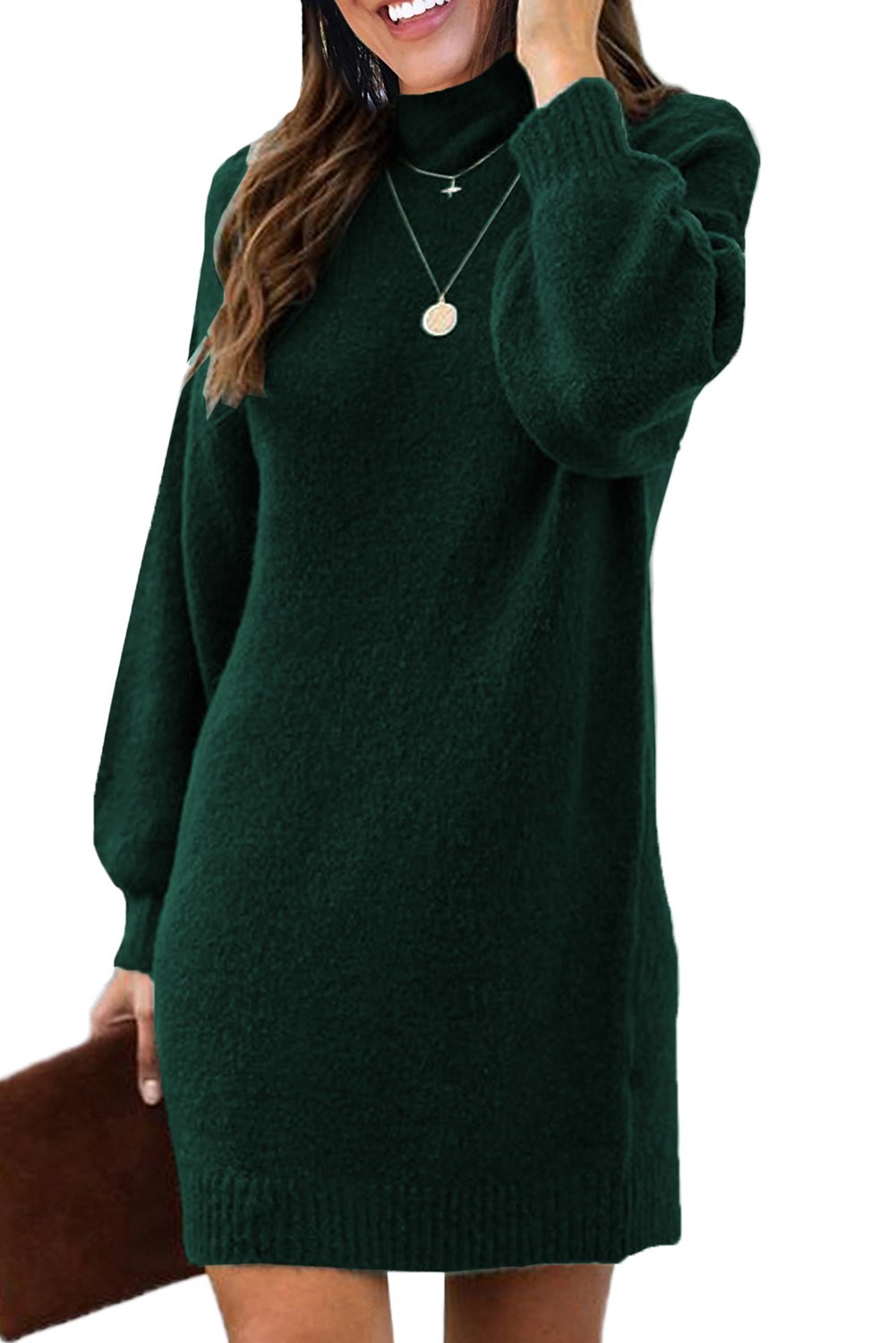 Mock Neck Lantern Sleeves Sweater Dress featuring elegant mock neck, graceful lantern sleeves, and ribbed details, perfect for winter wear.