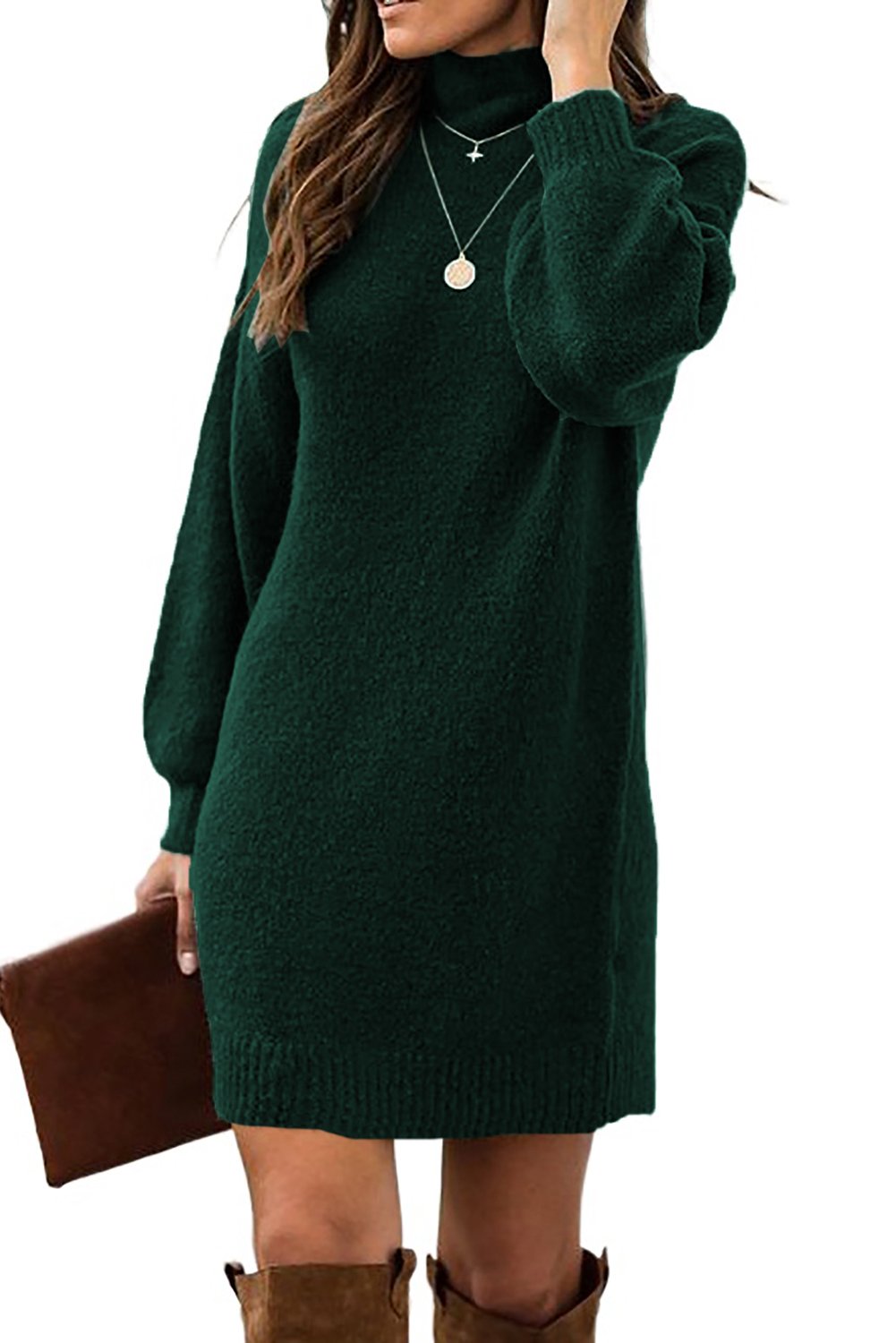 Mock Neck Lantern Sleeves Sweater Dress featuring elegant mock neck, graceful lantern sleeves, and ribbed details, perfect for winter wear.