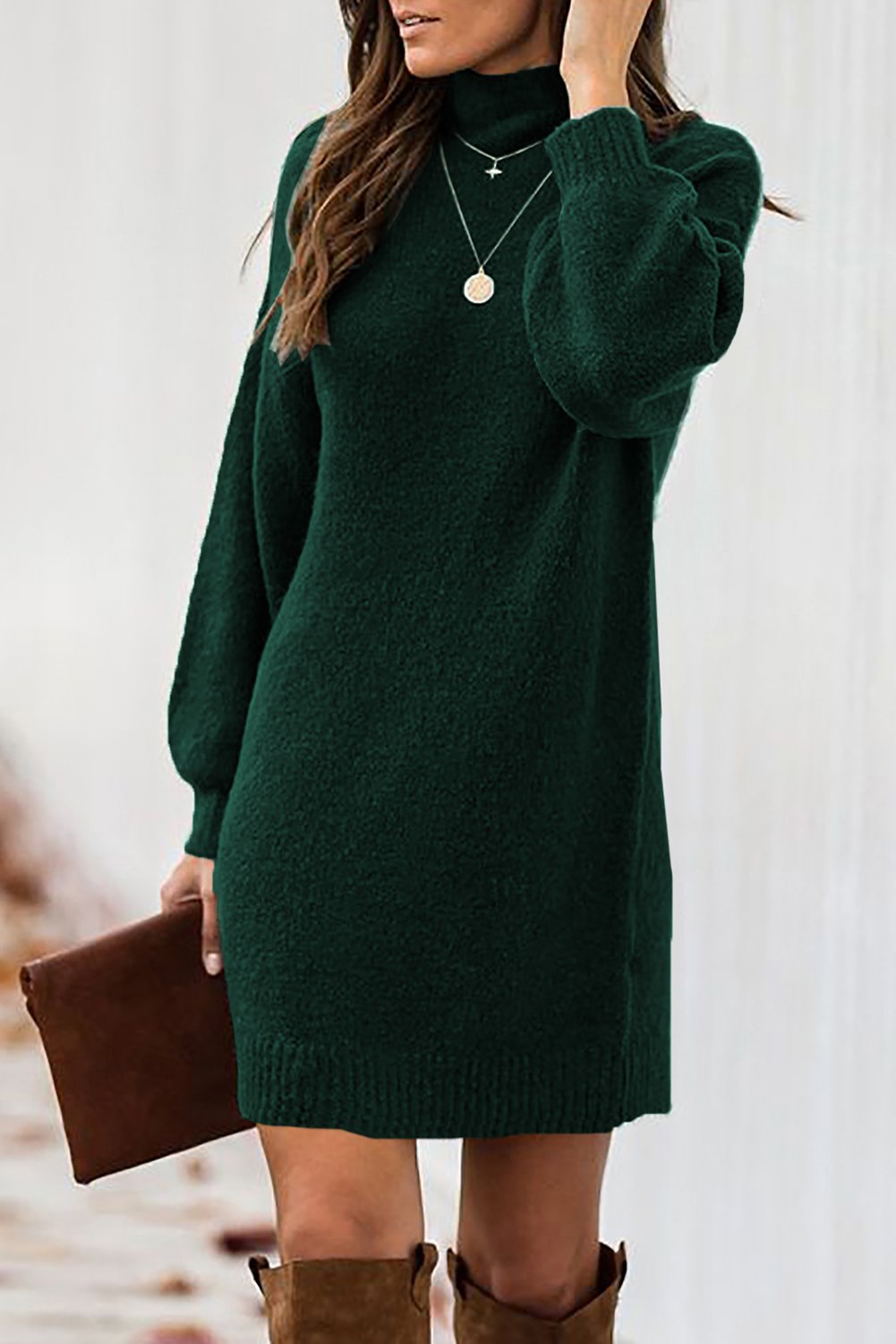 Mock Neck Lantern Sleeves Sweater Dress featuring elegant mock neck, graceful lantern sleeves, and ribbed details, perfect for winter wear.