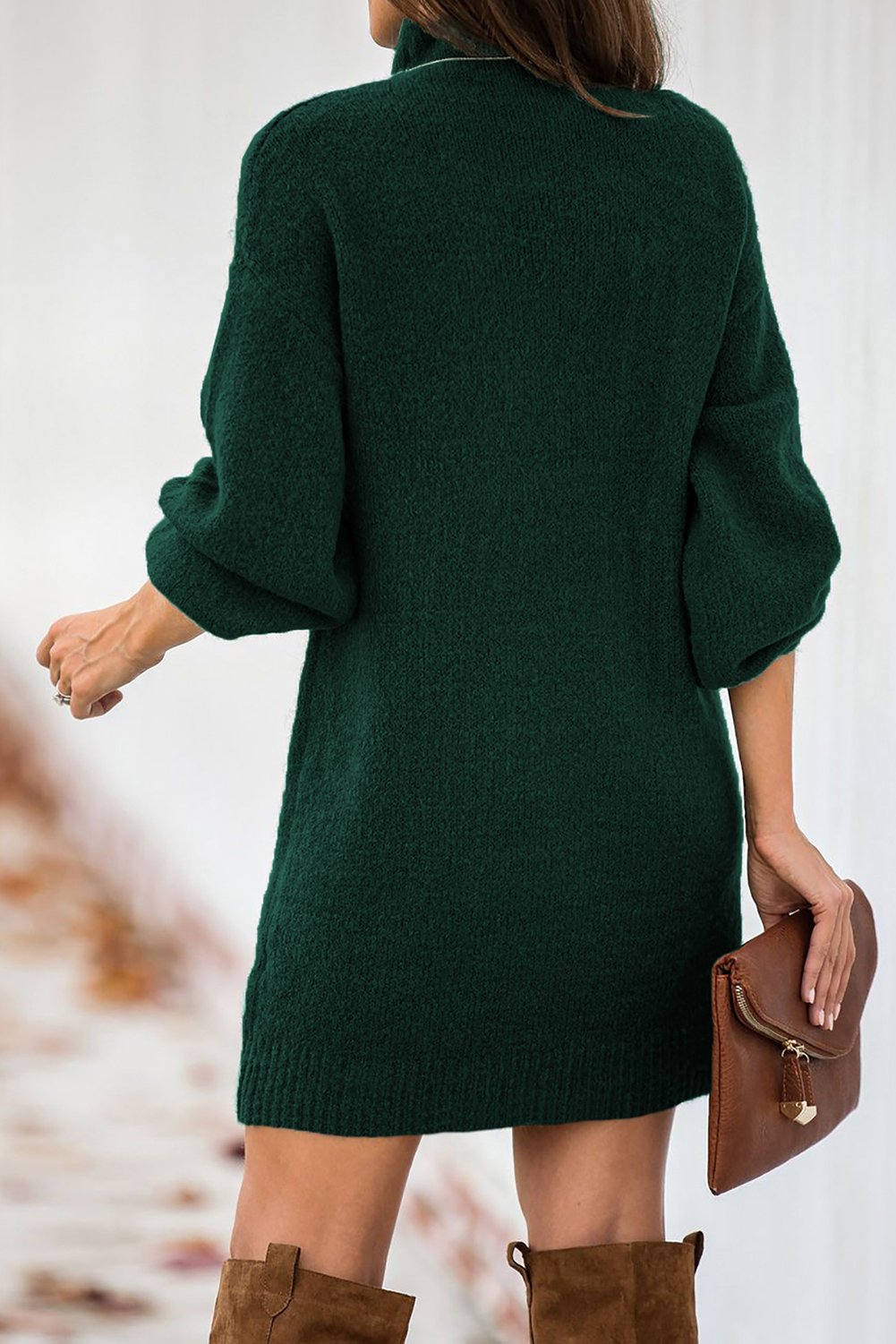 Mock Neck Lantern Sleeves Sweater Dress featuring elegant mock neck, graceful lantern sleeves, and ribbed details, perfect for winter wear.