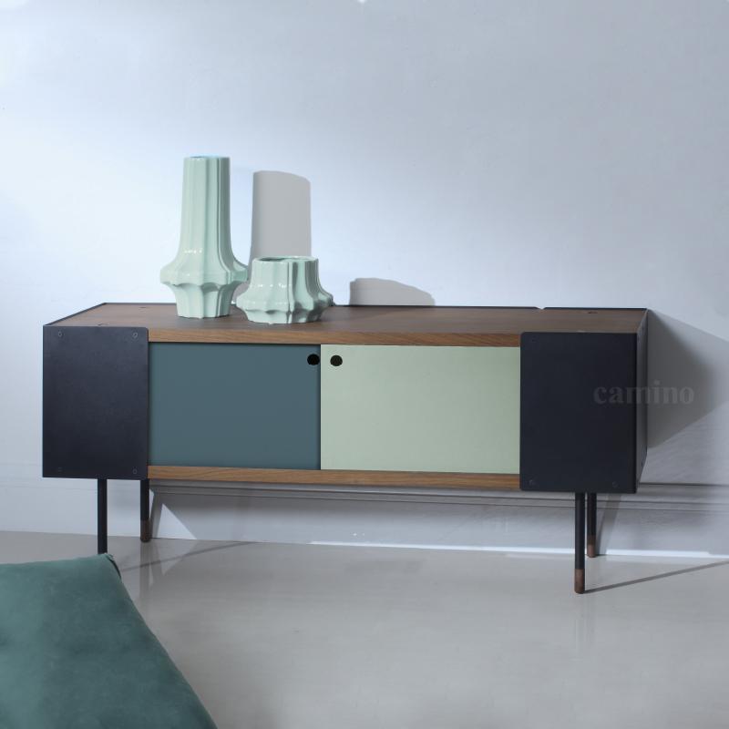 Mod Multi Color Low Chest or TV Stand featuring Scandinavian design, adjustable shelves, and vibrant finish, perfect for stylish storage.