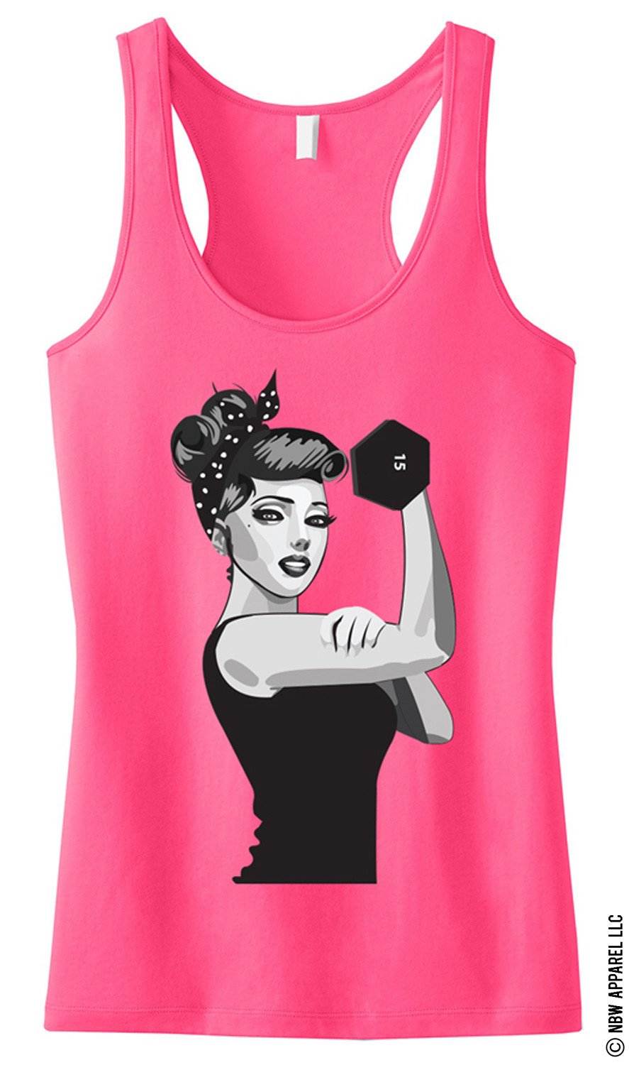 Pink MODERN ROSIE the RIVETER Workout Tank Top with racerback design, showcasing unique artwork and relaxed fit.