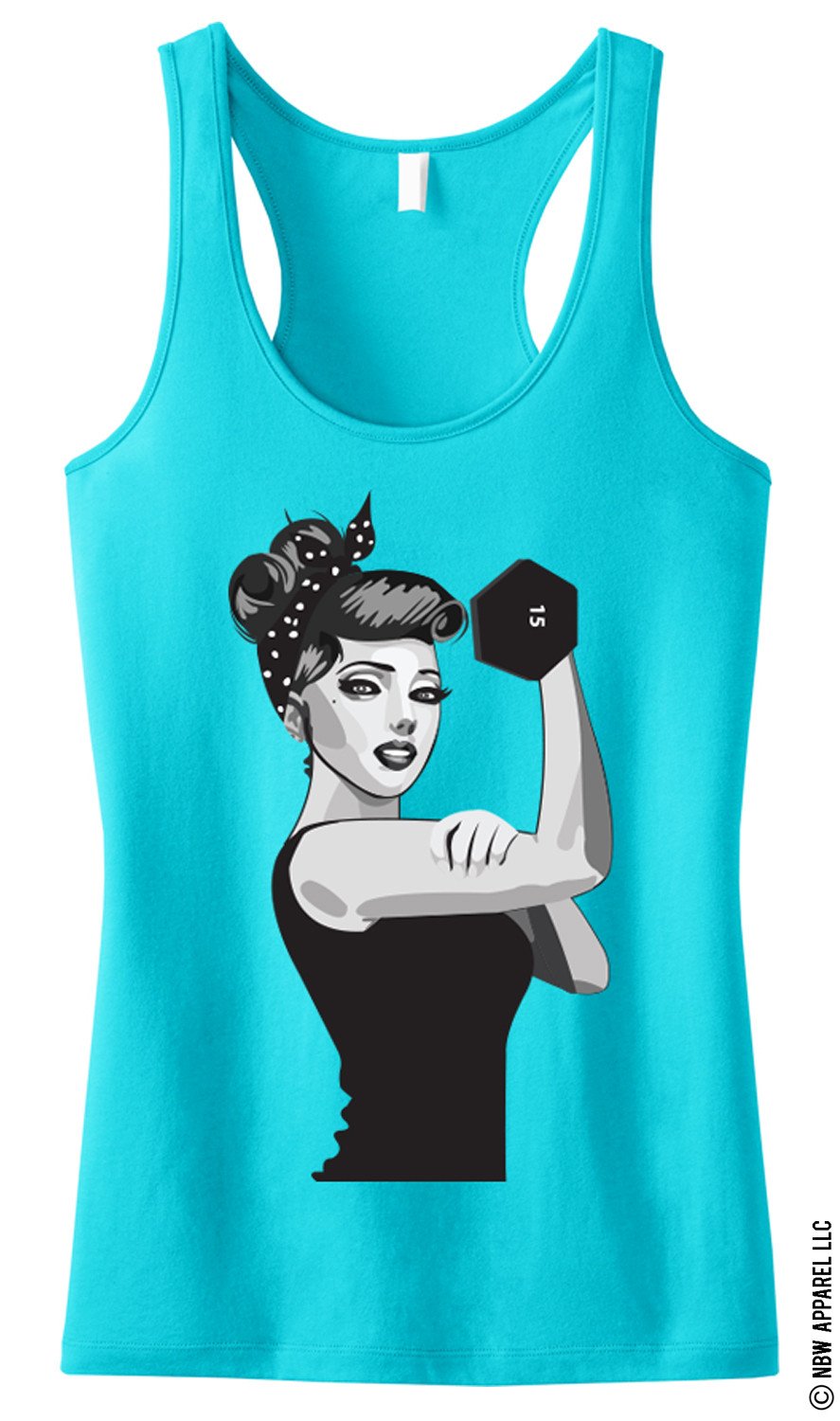 Teal MODERN ROSIE the RIVETER Workout Tank Top with racerback design, showcasing unique artwork.