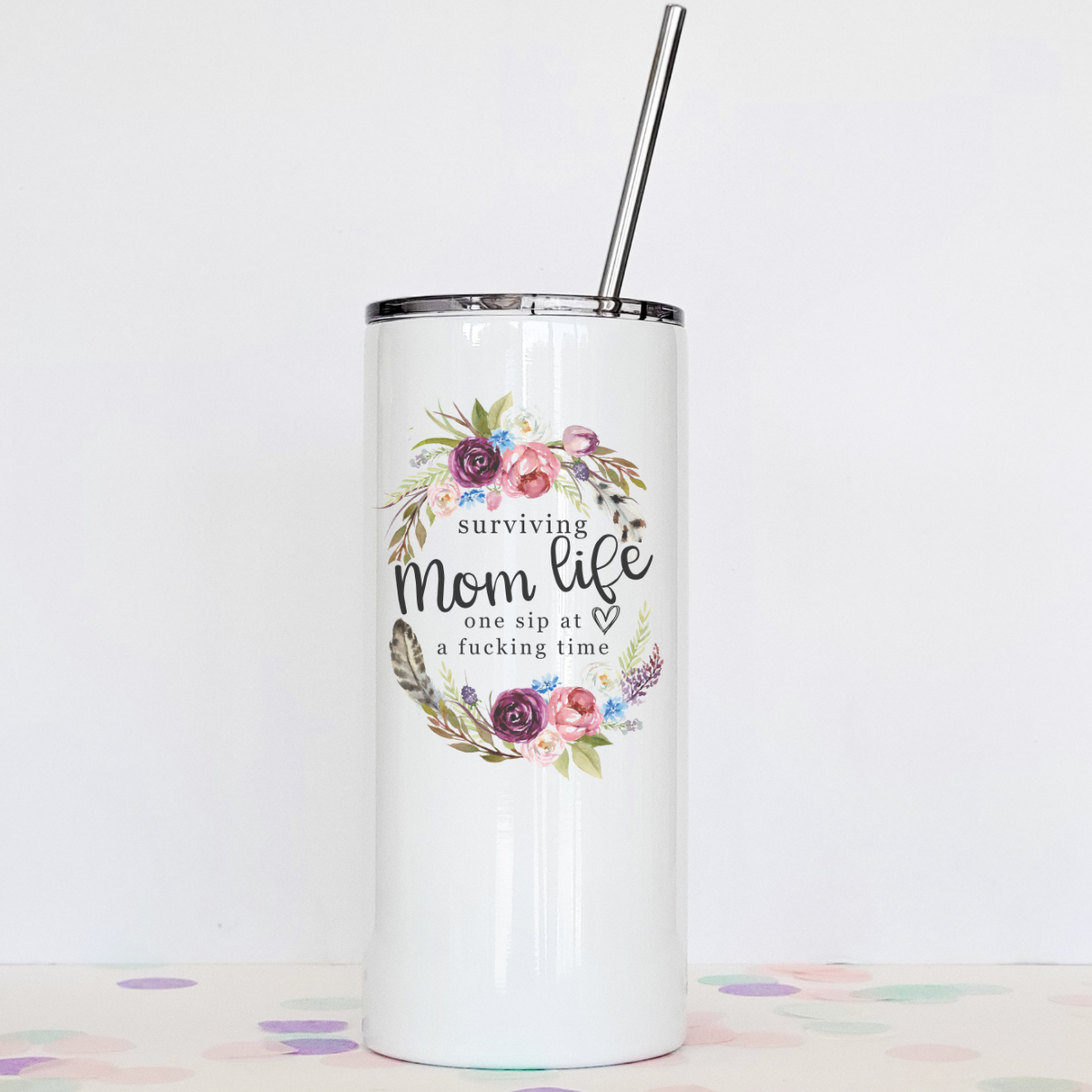 Stylish Mom Life Tumbler with clear slider lid and stainless steel straw, designed for hot and cold beverages.