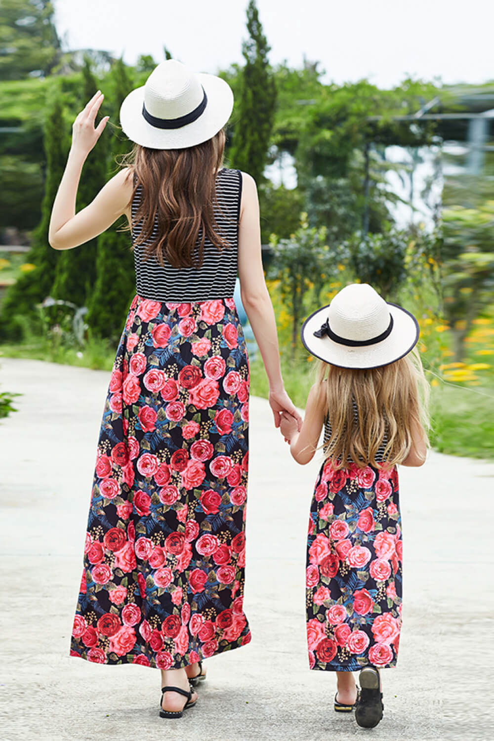 Mom & Me Women Striped Floral Spliced Dress featuring a floral pattern and casual sleeveless design, perfect for summer outings.