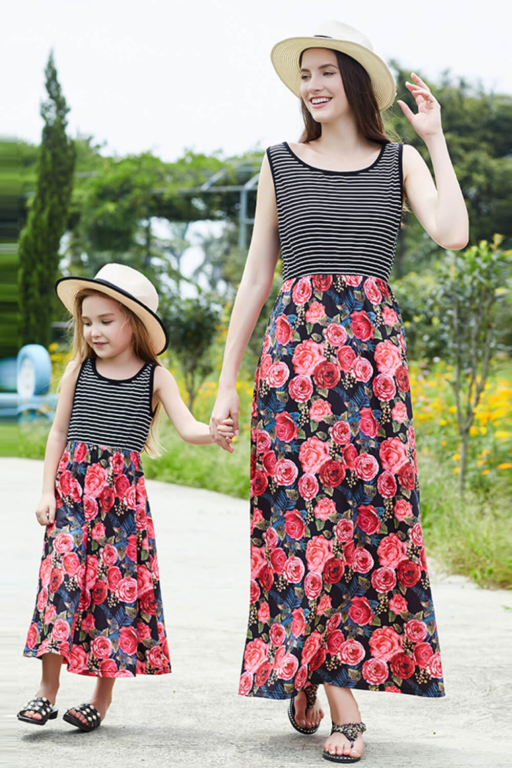 Mom & Me Women Striped Floral Spliced Dress featuring a floral pattern and casual sleeveless design, perfect for summer outings.