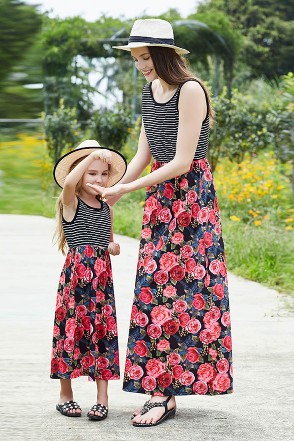 Mom & Me Women Striped Floral Spliced Dress featuring a floral pattern and casual sleeveless design, perfect for summer outings.