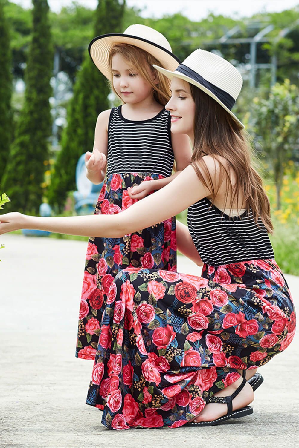 Mom & Me Women Striped Floral Spliced Dress featuring a floral pattern and casual sleeveless design, perfect for summer outings.