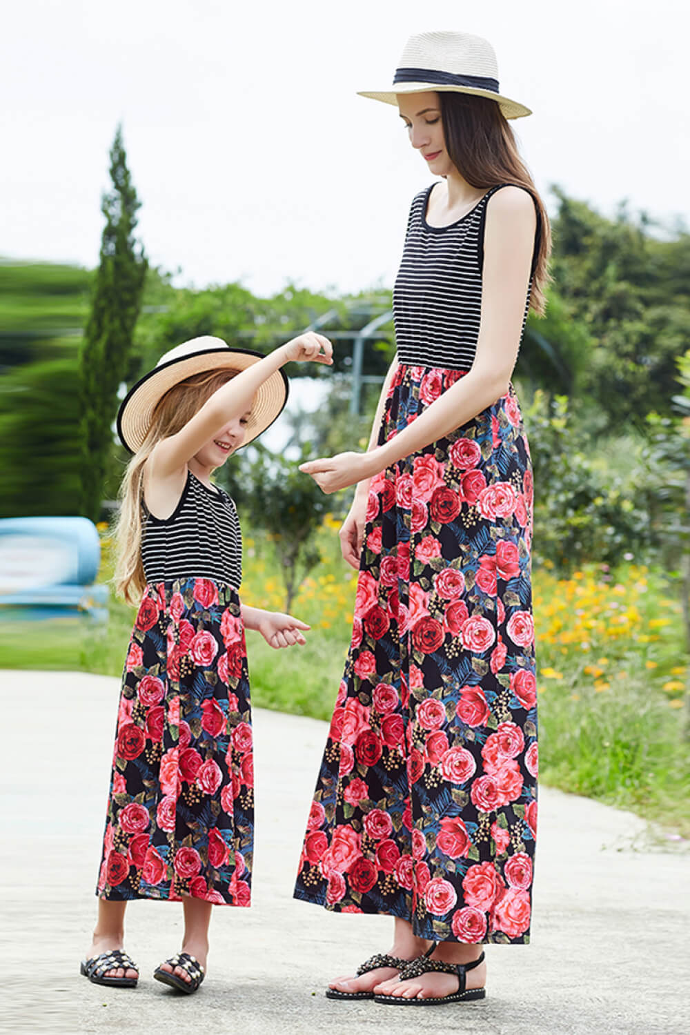 Mom & Me Women Striped Floral Spliced Dress featuring a floral pattern and casual sleeveless design, perfect for summer outings.