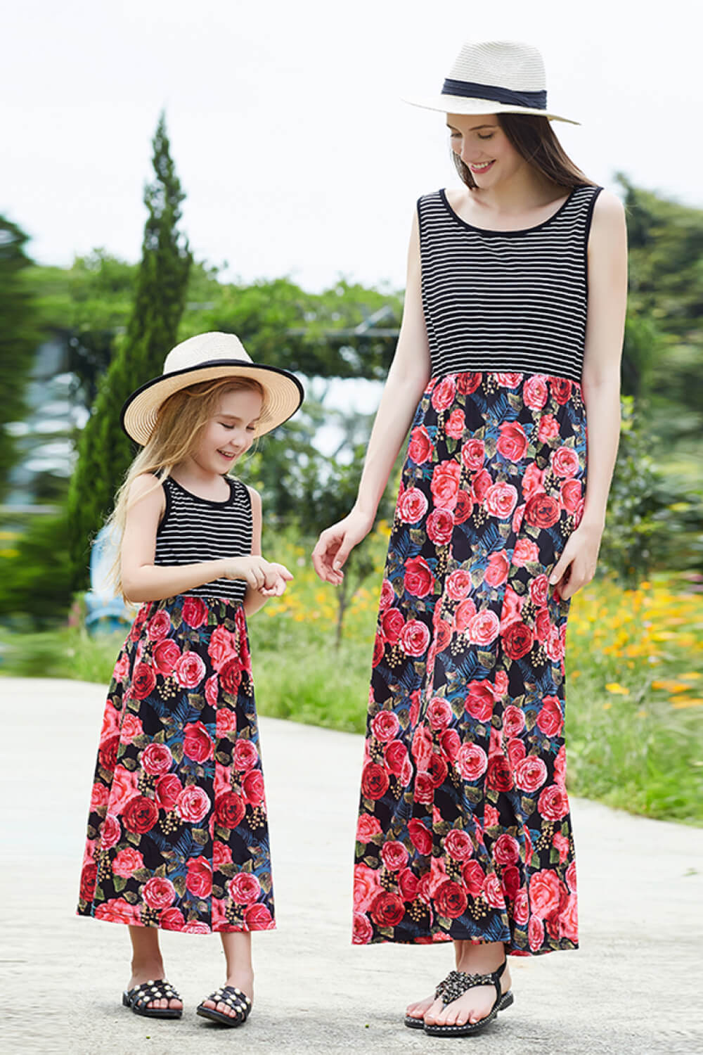 Mom & Me Women Striped Floral Spliced Dress featuring a floral pattern and casual sleeveless design, perfect for summer outings.