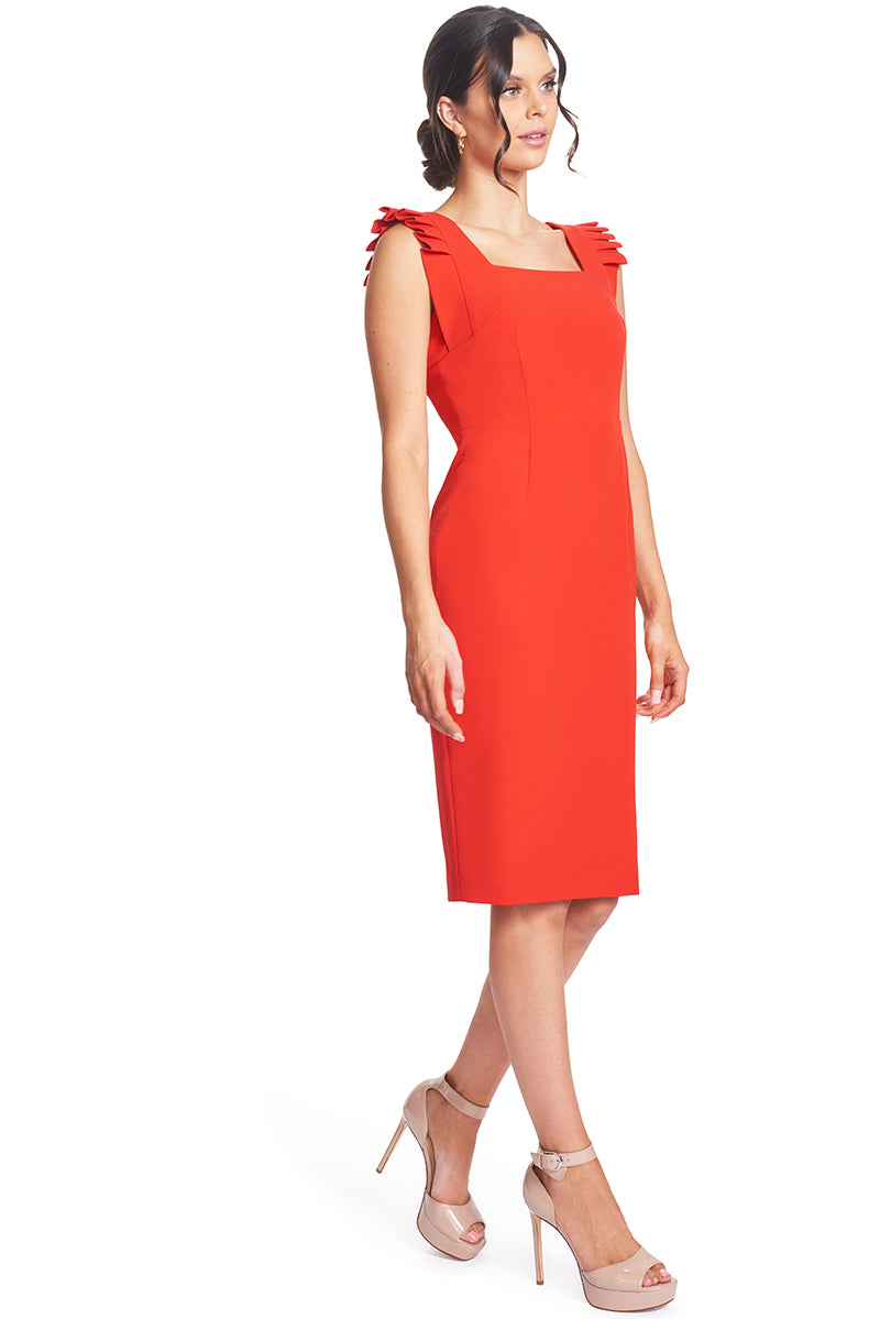 Monarch Dress featuring a square neck and pleated shoulder detail, showcasing a vibrant red color and elegant midi length.