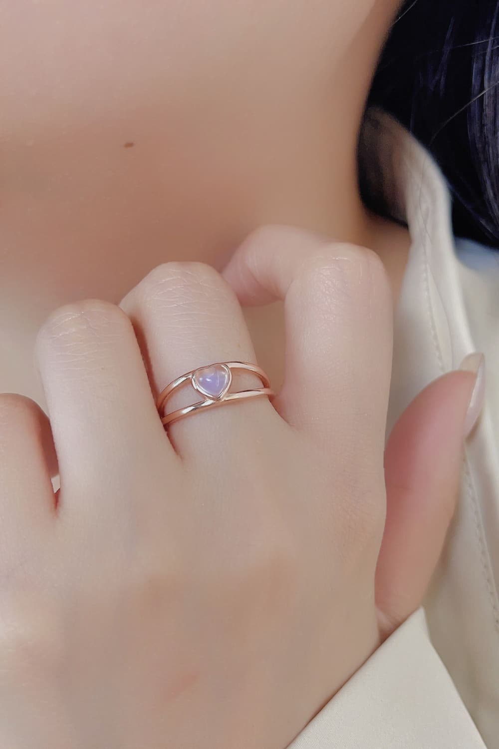 Moonstone Heart 925 Sterling Silver Ring showcasing a natural moonstone with a translucent white and blue-violet hue, set in a modern design.