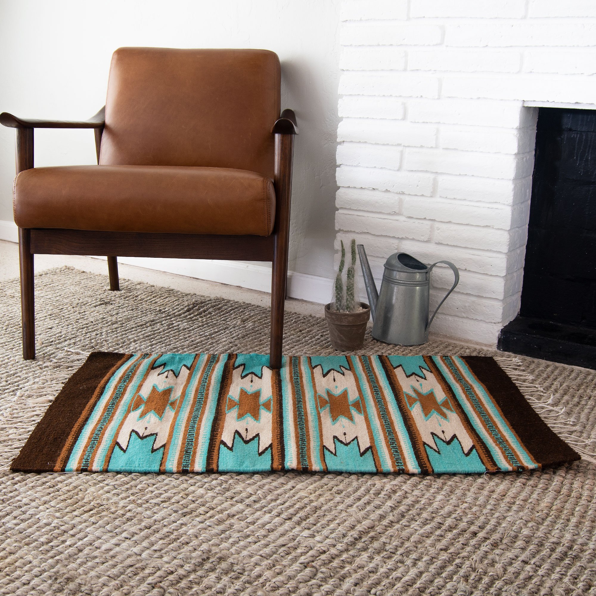 Monte Alban Southwestern Native American Turquoise Rug, handmade wool with geometric design, showcasing vibrant colors and intricate patterns.