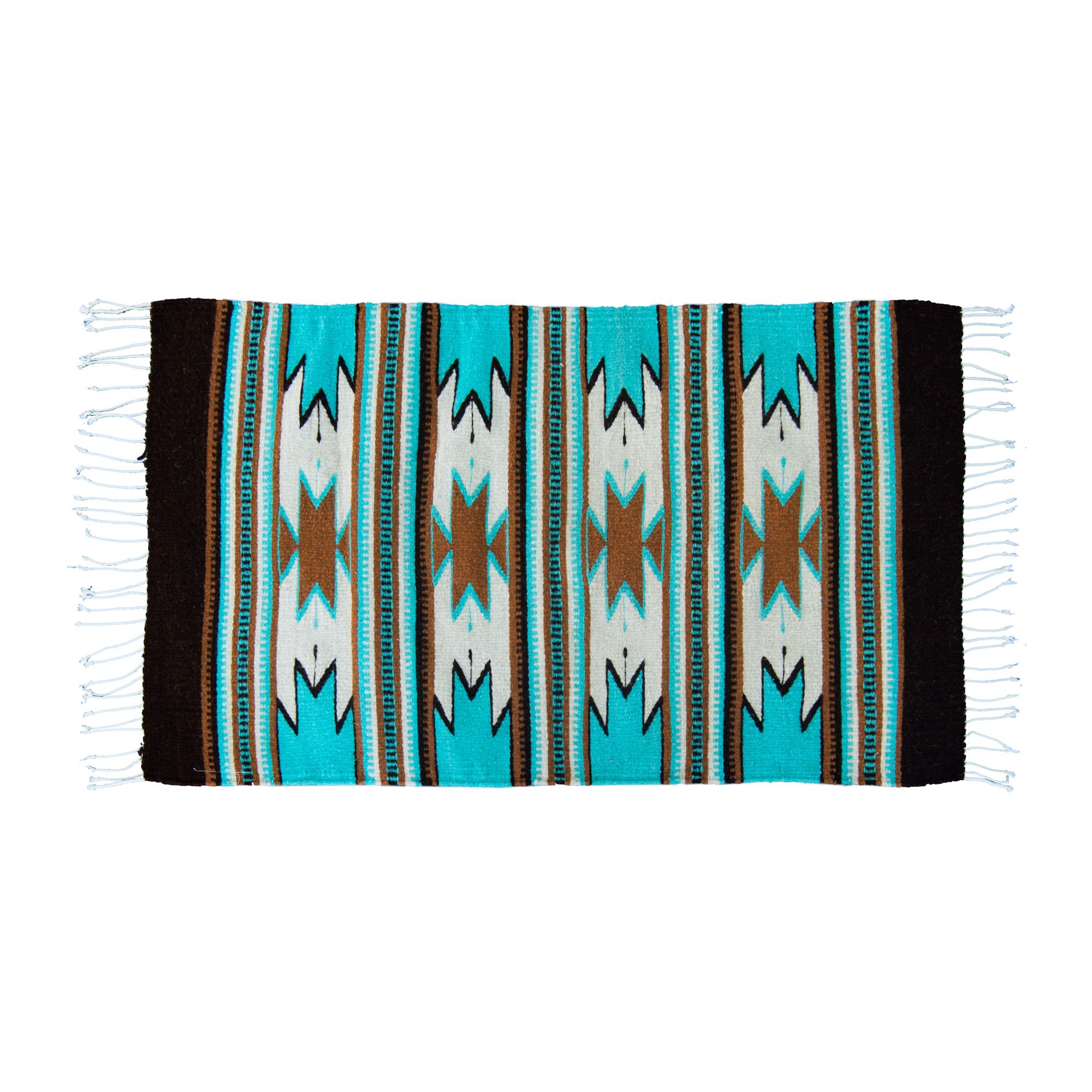 Monte Alban Southwestern Native American Turquoise Rug, handmade wool with geometric design, showcasing vibrant colors and intricate patterns.