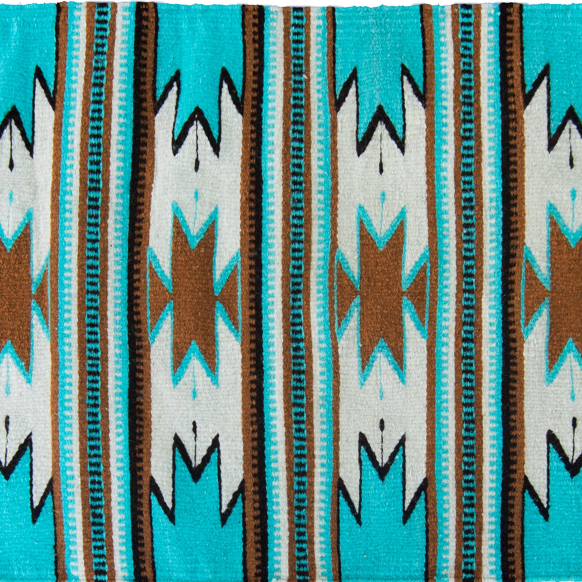 Monte Alban Southwestern Native American Turquoise Rug, handmade wool with geometric design, showcasing vibrant colors and intricate patterns.