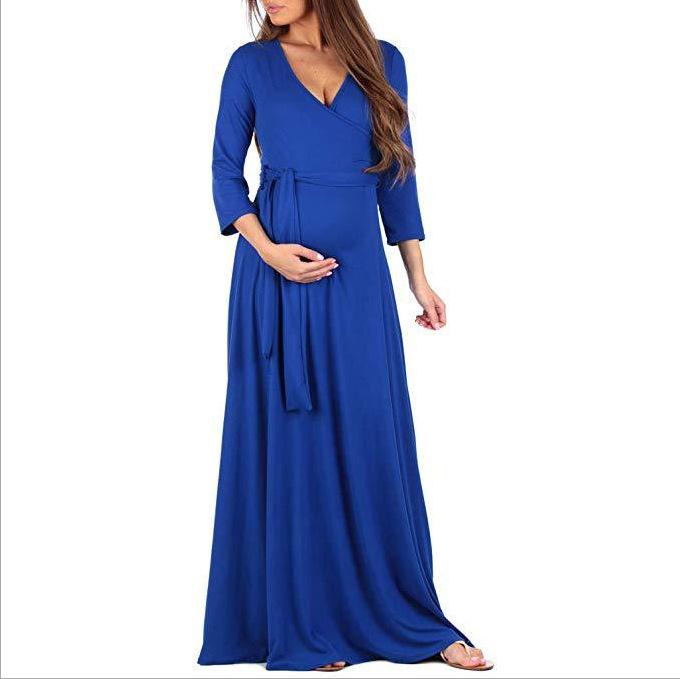 Mopping Dress featuring a deep V-neck, 3/4 sleeves, and a belt, designed for pregnant women in a solid color.