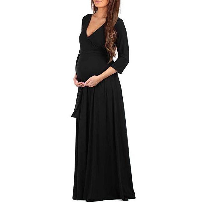 Mopping Dress featuring a deep V-neck, 3/4 sleeves, and a belt, designed for pregnant women in a solid color.