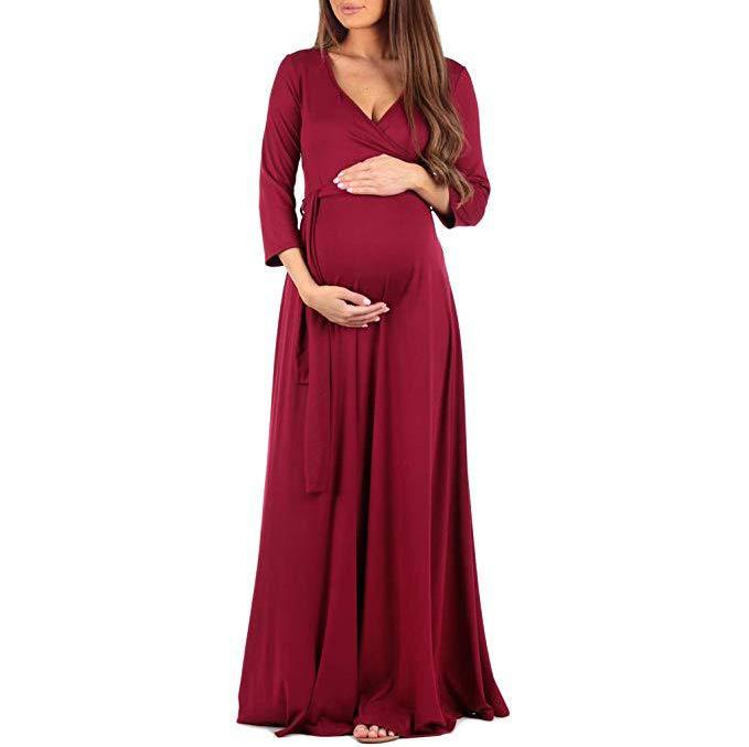 Mopping Dress featuring a deep V-neck, 3/4 sleeves, and a belt, designed for pregnant women in a solid color.