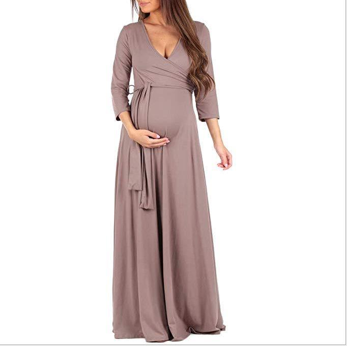 Mopping Dress featuring a deep V-neck, 3/4 sleeves, and a belt, designed for pregnant women in a solid color.