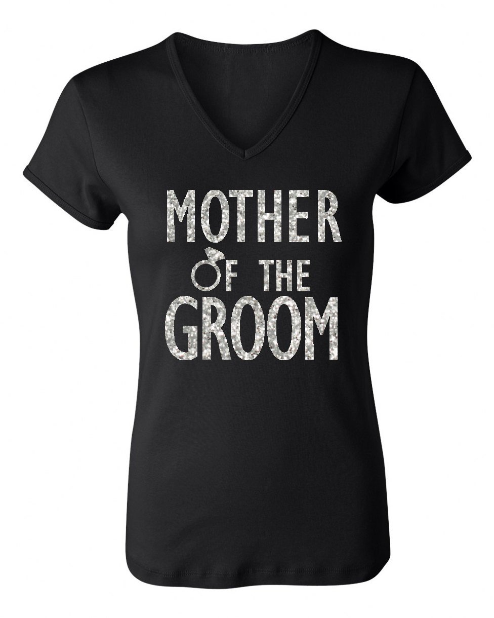 Black V-neck shirt with glitter text saying 'Mother of the GROOM', showcasing a stylish design for wedding celebrations.