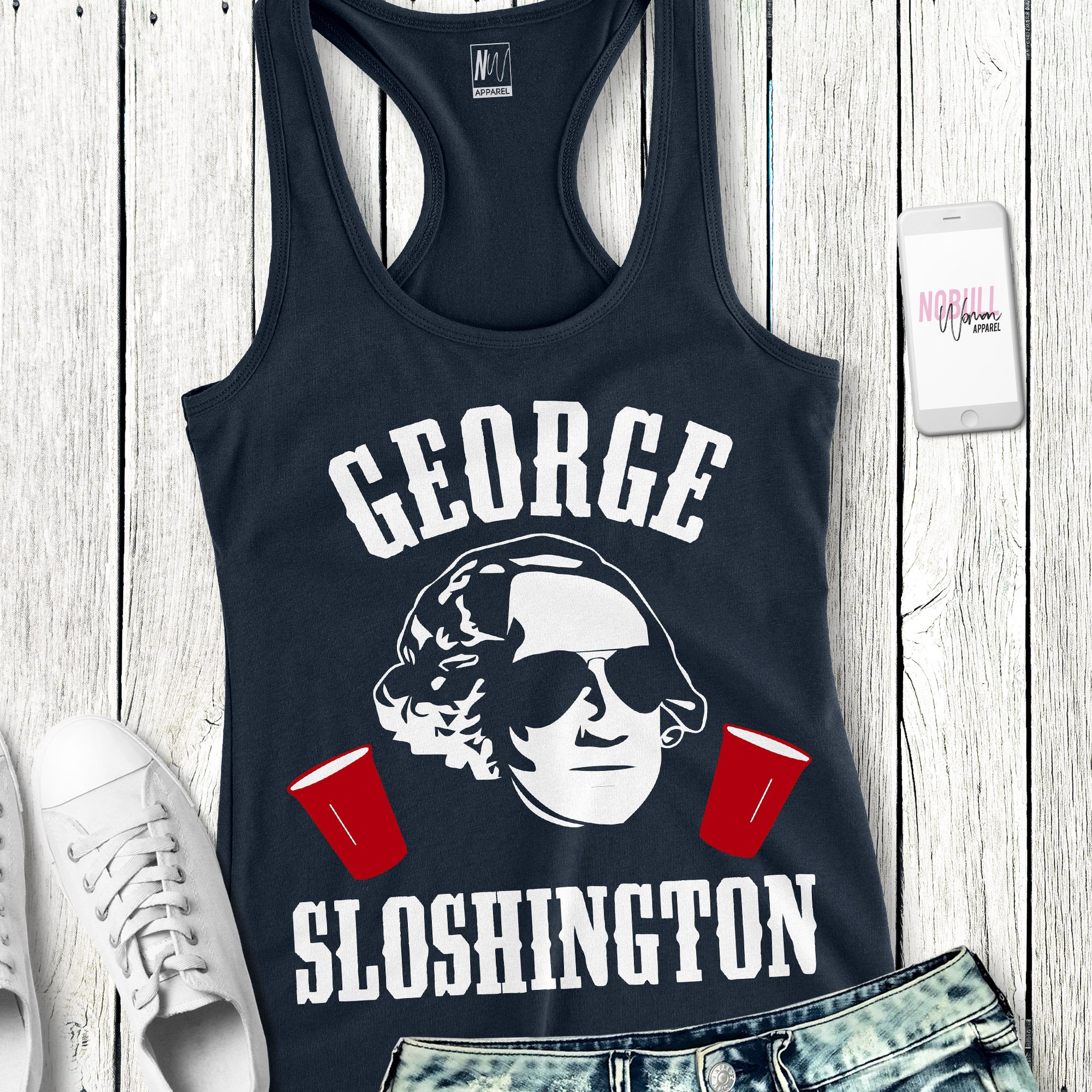 MOUNT SLOSHMORE Navy Blue Tank Top featuring humorous presidential designs in white and red print.