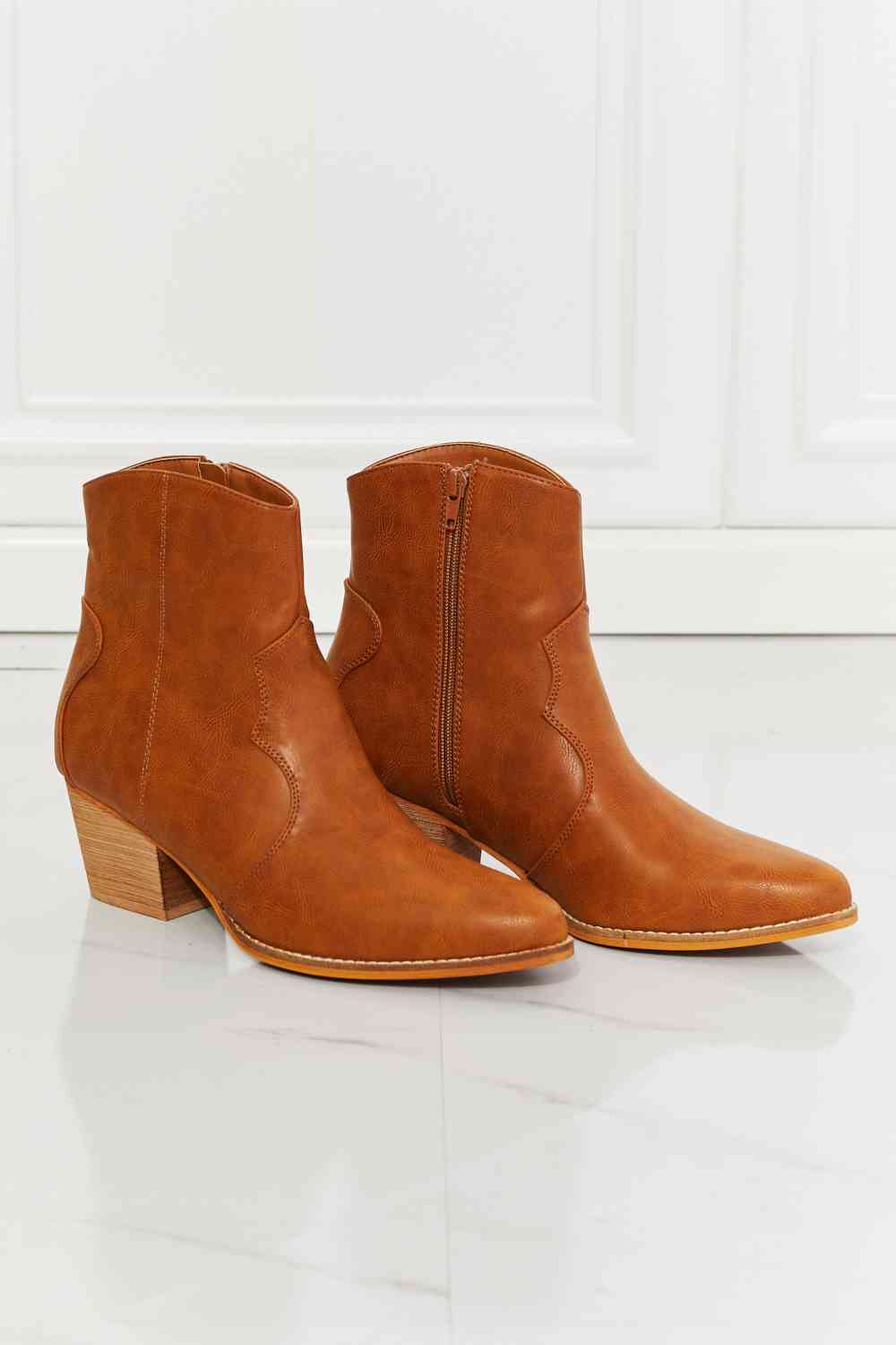 MMShoes Watertower Town Faux Leather Western Ankle Boots in Ochre with pointed toe and block heel design.