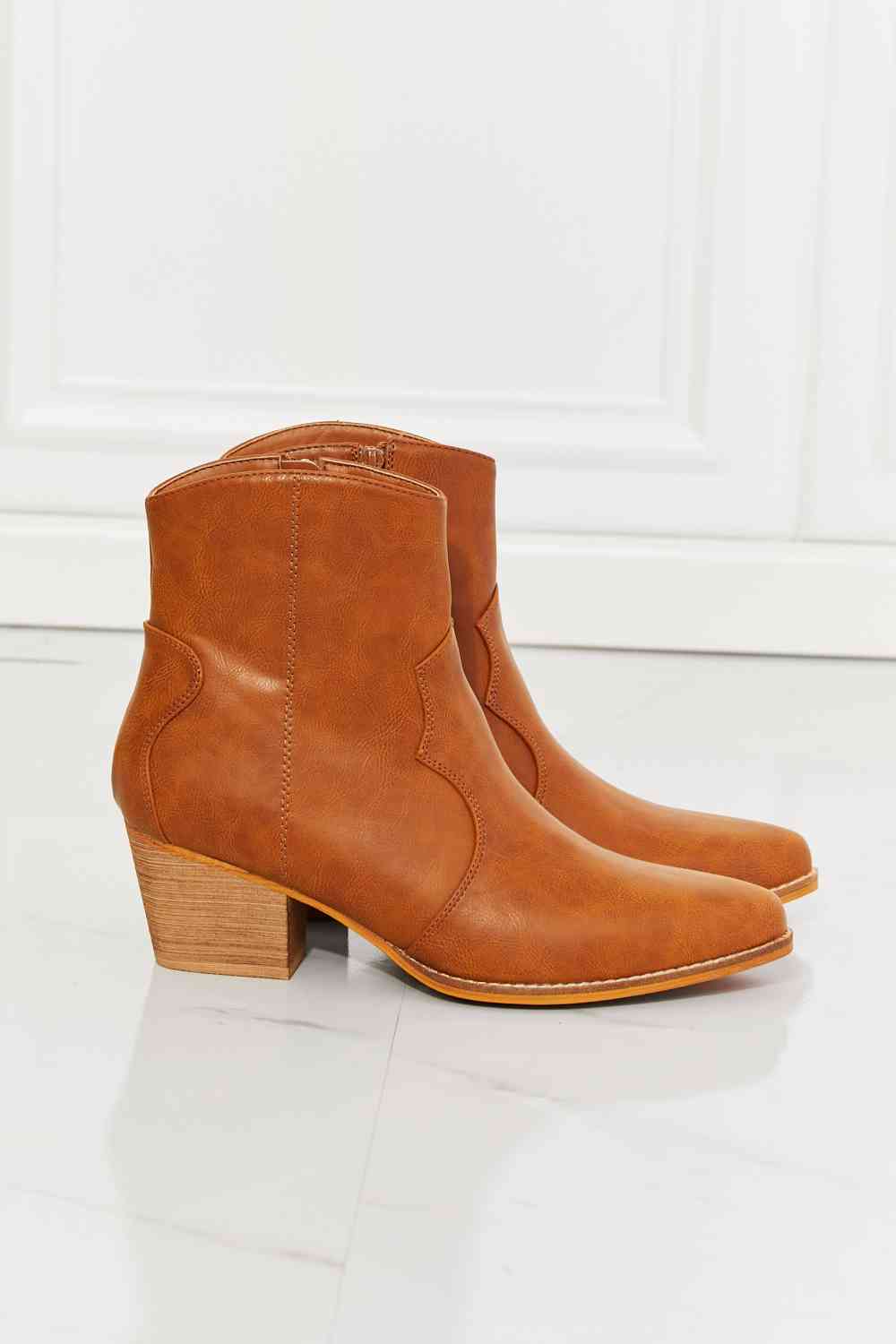 MMShoes Watertower Town Faux Leather Western Ankle Boots in Ochre with pointed toe and block heel design.