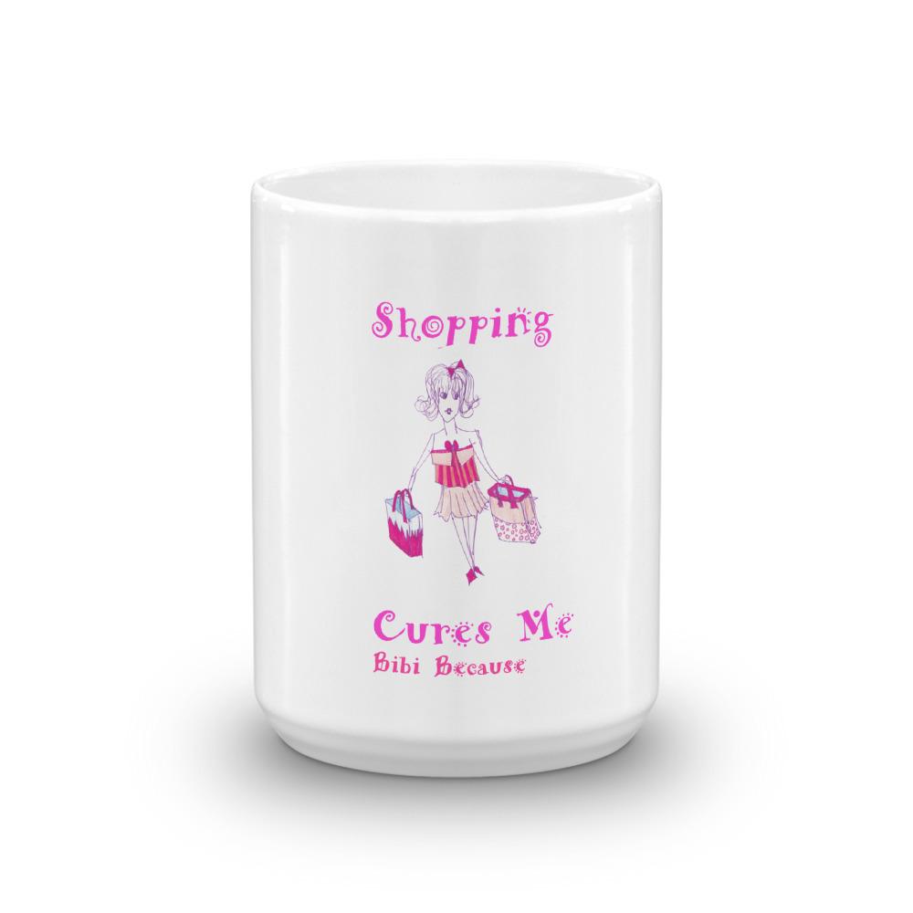 Mug Bibi Because Collection featuring a glossy white finish with the phrase 'Shopping Cures Me' printed in vibrant colors.