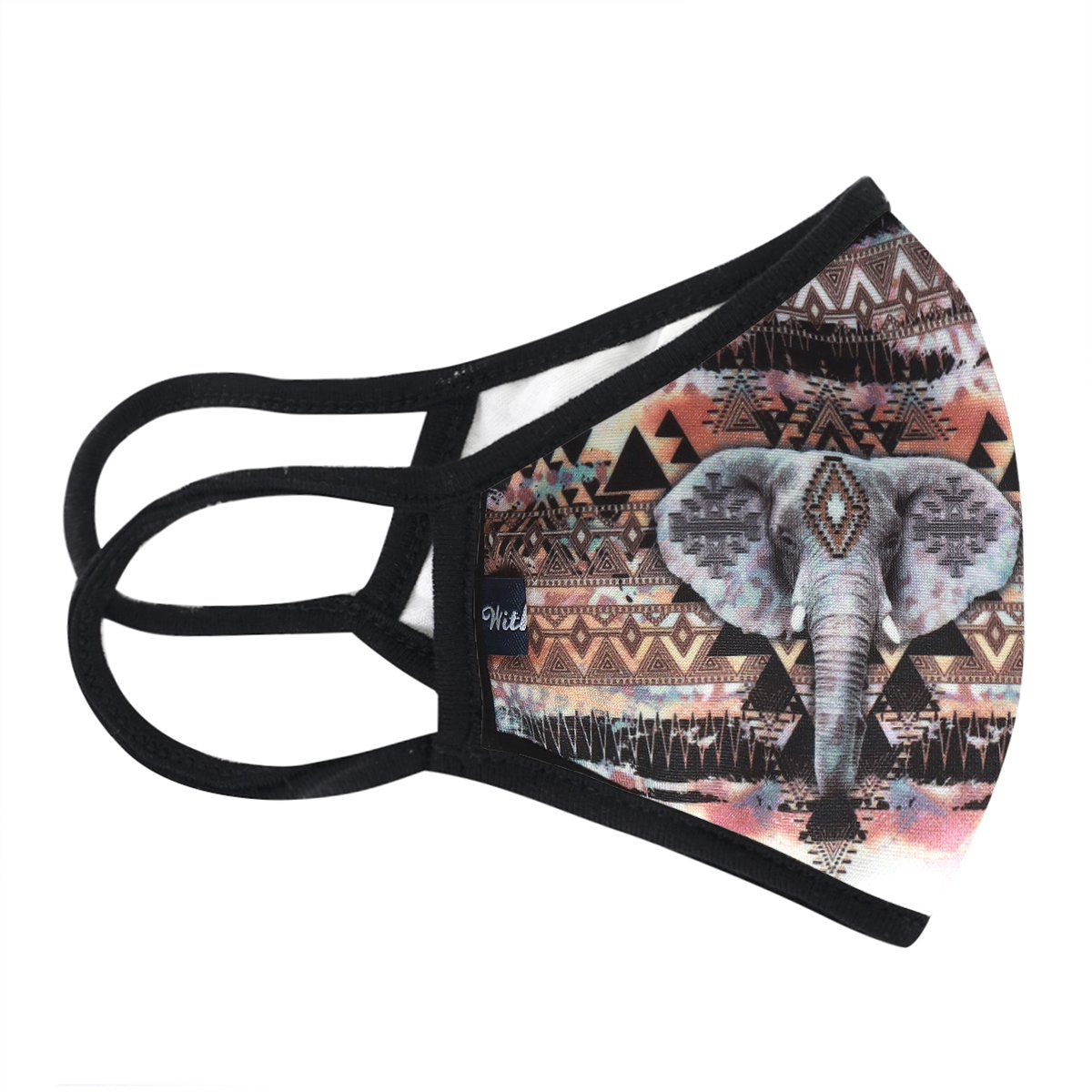 Multi Aztec Elephant 3-Layered Face Cover featuring a vibrant elephant print, made of polyester and cotton, designed for comfort and protection.