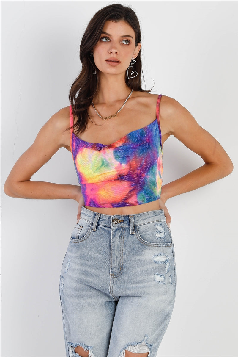 Multi Color Neon Tie-dye Lurex Cowl Neck Sleeveless Crop Top featuring vibrant colors and shiny lurex fabric.