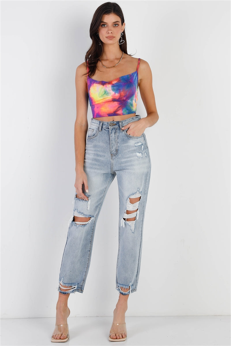 Multi Color Neon Tie-dye Lurex Cowl Neck Sleeveless Crop Top featuring vibrant colors and shiny lurex fabric.