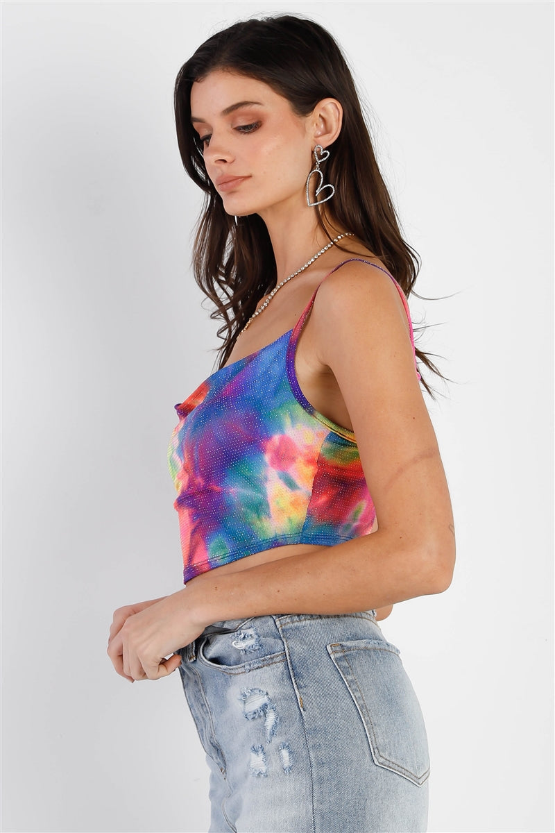 Multi Color Neon Tie-dye Lurex Cowl Neck Sleeveless Crop Top featuring vibrant colors and shiny lurex fabric.