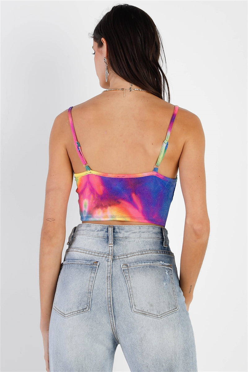 Multi Color Neon Tie-dye Lurex Cowl Neck Sleeveless Crop Top featuring vibrant colors and shiny lurex fabric.