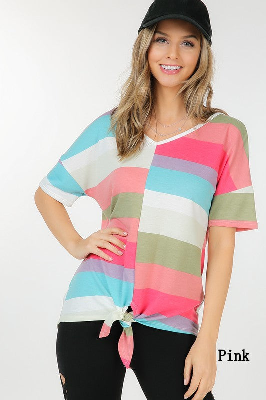 A vibrant multi-color striped short sleeve top with a trendy front tie, showcasing its stylish design and soft fabric.