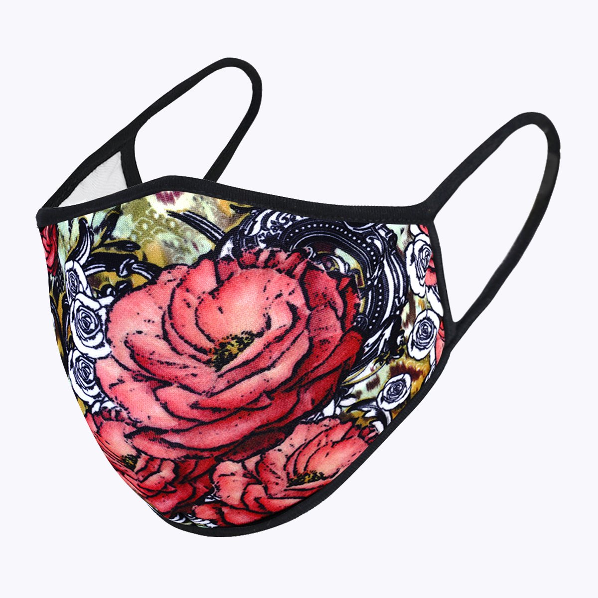 Multi Red Flower 3-Layered Face Cover featuring a vibrant floral design, made from polyester and cotton, suitable for unisex wear.